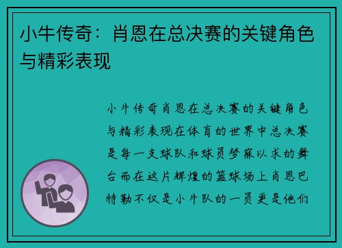 小牛传奇：肖恩在总决赛的关键角色与精彩表现