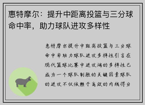 惠特摩尔：提升中距离投篮与三分球命中率，助力球队进攻多样性