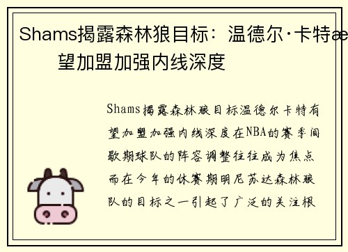 Shams揭露森林狼目标：温德尔·卡特有望加盟加强内线深度