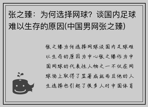 张之臻：为何选择网球？谈国内足球难以生存的原因(中国男网张之臻)