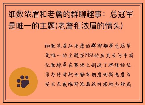 细数浓眉和老詹的群聊趣事：总冠军是唯一的主题(老詹和浓眉的情头)